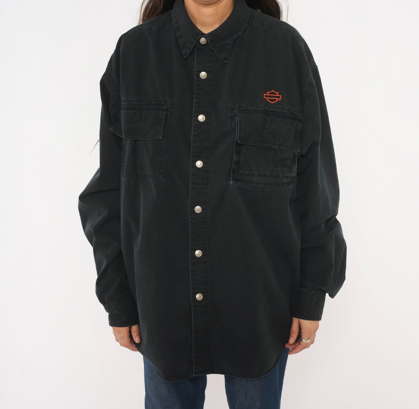 Harley Davidson Snap Button Shirt Black Cotton Work Top Motorcycle Logo Biker Collar Pocket Tall Vintage 90s Grunge Riding Extra Large XL