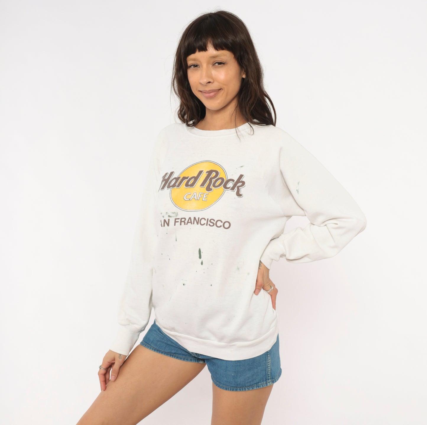 Hard Rock Cafe Sweatshirt 90s San Francisco White Cotton Pullover Crewneck Distressed Graphic Tourist Souvenir Vintage Sweater Medium M