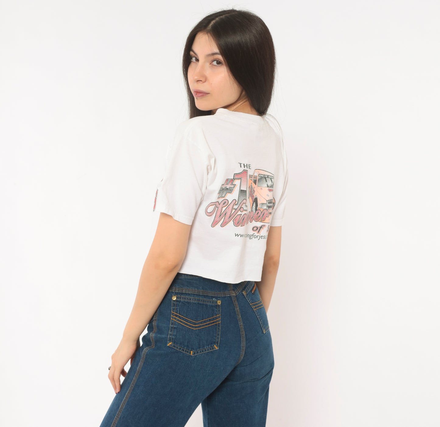 Racing For Jesus Crop Top White Checkered Flag Graphic Tee 2000s Motorsport Print Cotton Cropped Shirt Number Seven Novelty Small S