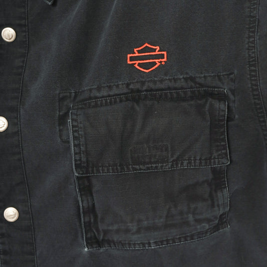 Harley Davidson Snap Button Shirt Black Cotton Work Top Motorcycle Logo Biker Collar Pocket Tall Vintage 90s Grunge Riding Extra Large XL
