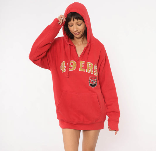 Y2K San Francisco 49ers Hoodie Red Gold Half Zip NFL Football Sweatshirt Pullover Streetwear Sporty Cotton Embroidered Logo Vintage Small S