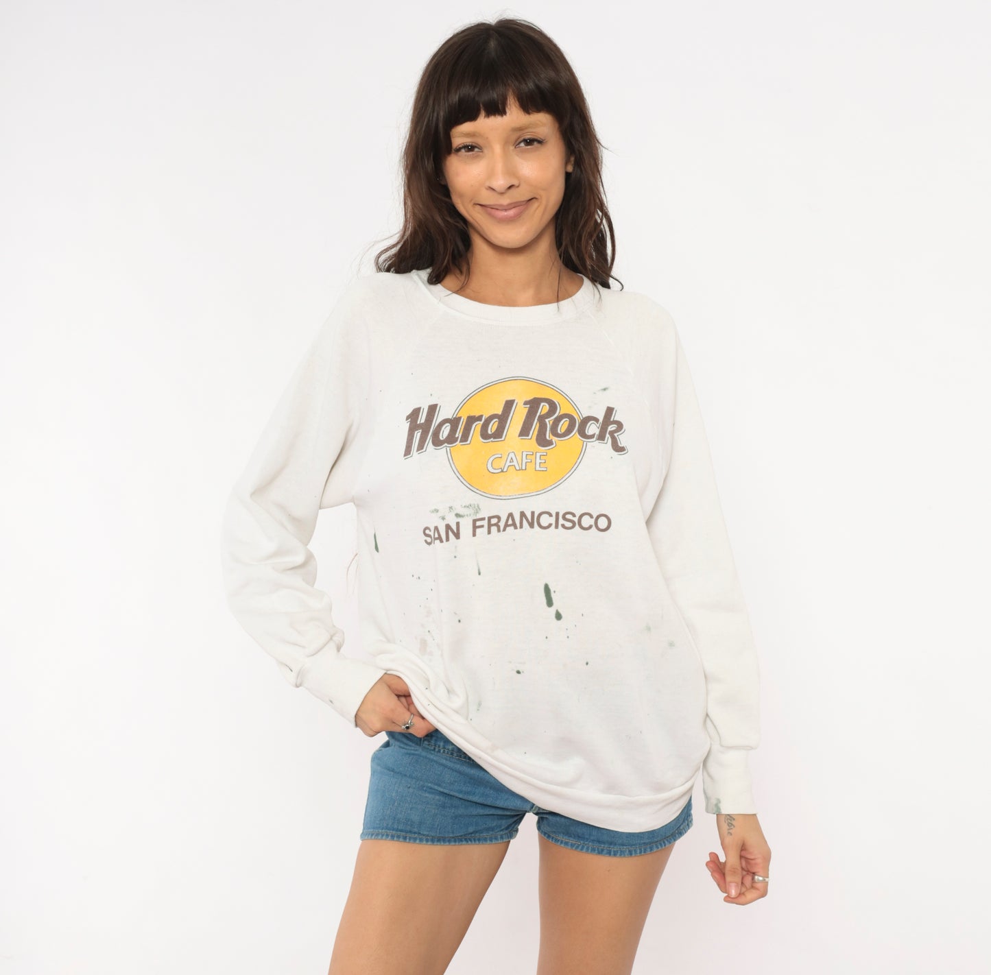 Hard Rock Cafe Sweatshirt 90s San Francisco White Cotton Pullover Crewneck Distressed Graphic Tourist Souvenir Vintage Sweater Medium M