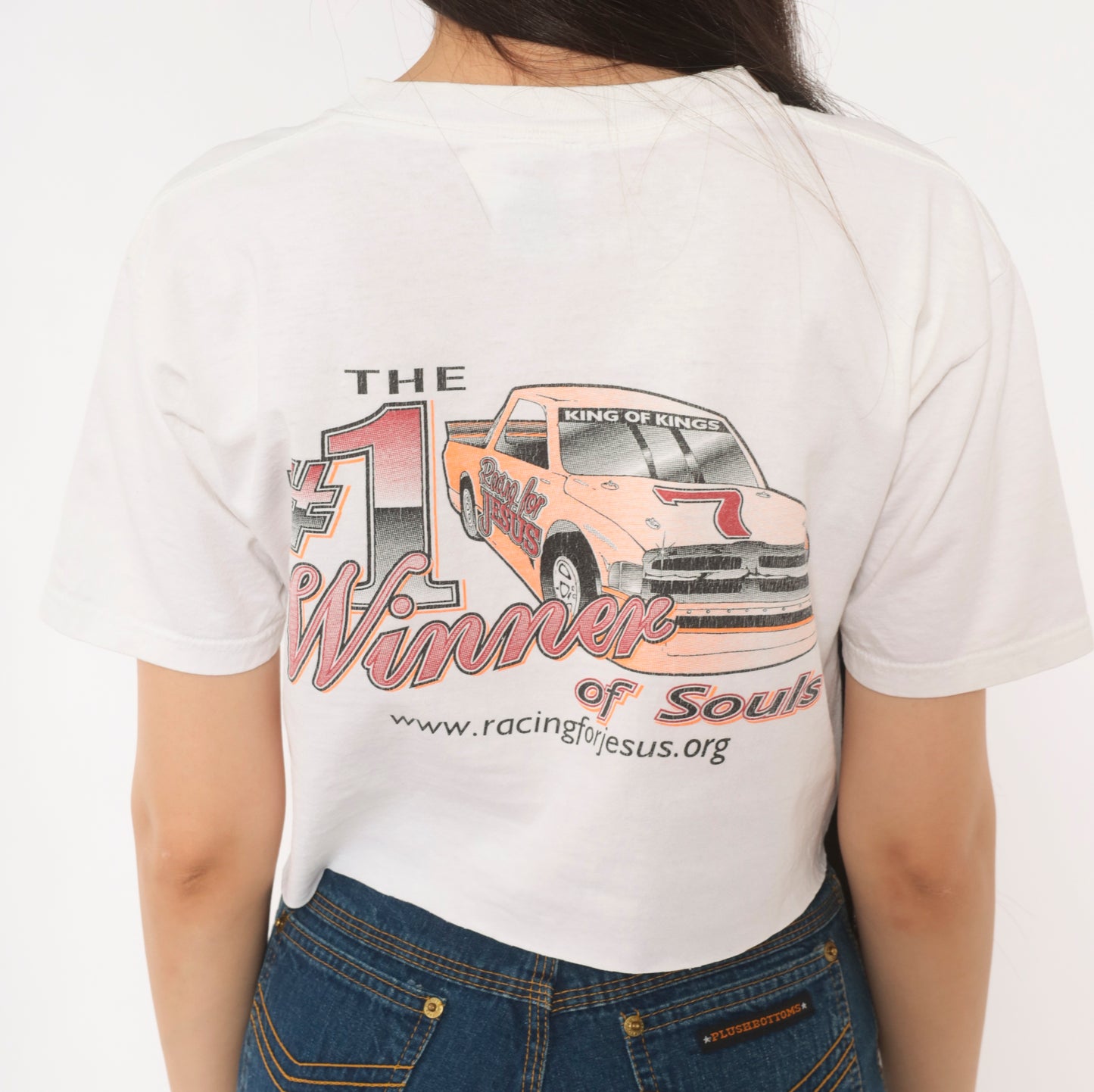 Racing For Jesus Crop Top White Checkered Flag Graphic Tee 2000s Motorsport Print Cotton Cropped Shirt Number Seven Novelty Small S
