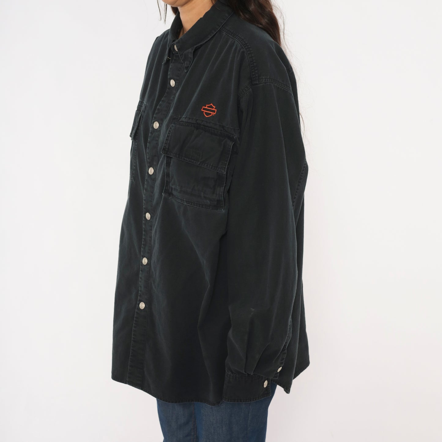 Harley Davidson Snap Button Shirt Black Cotton Work Top Motorcycle Logo Biker Collar Pocket Tall Vintage 90s Grunge Riding Extra Large XL
