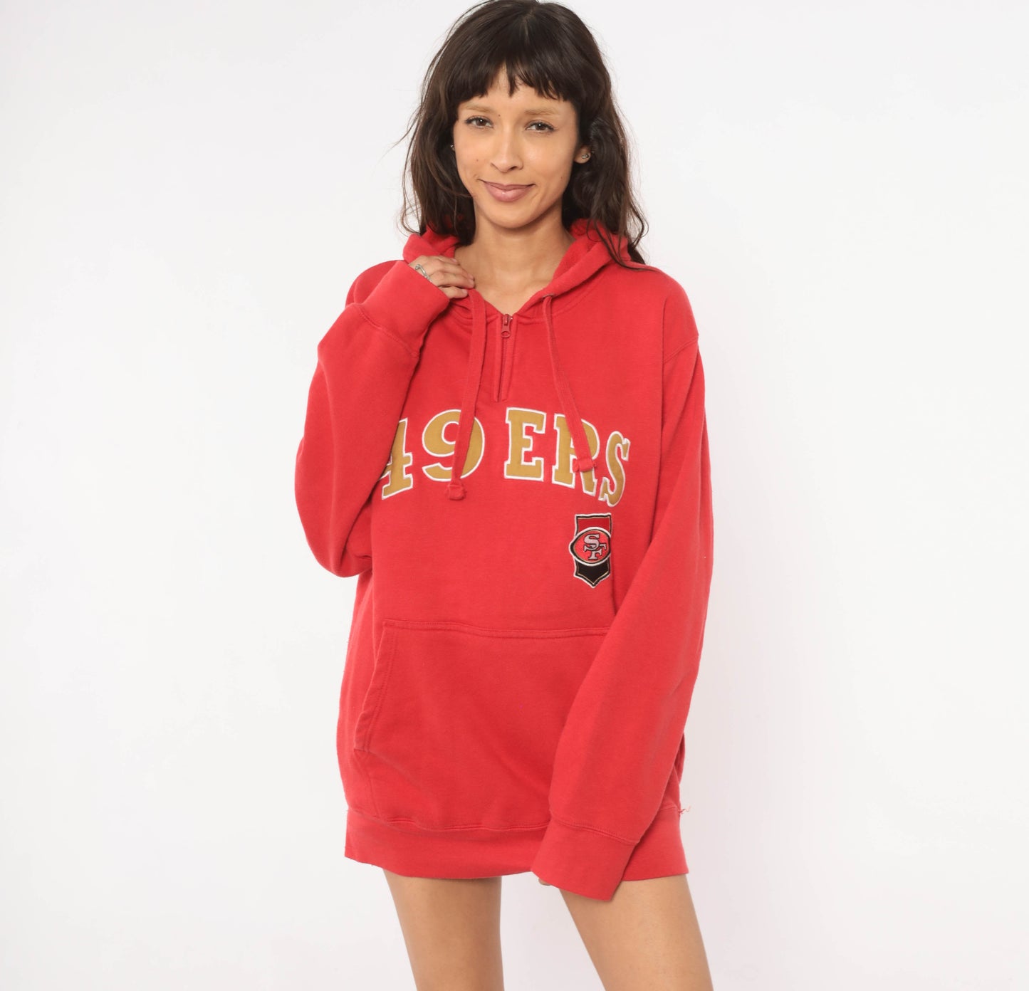 Y2K San Francisco 49ers Hoodie Red Gold Half Zip NFL Football Sweatshirt Pullover Streetwear Sporty Cotton Embroidered Logo Vintage Small S
