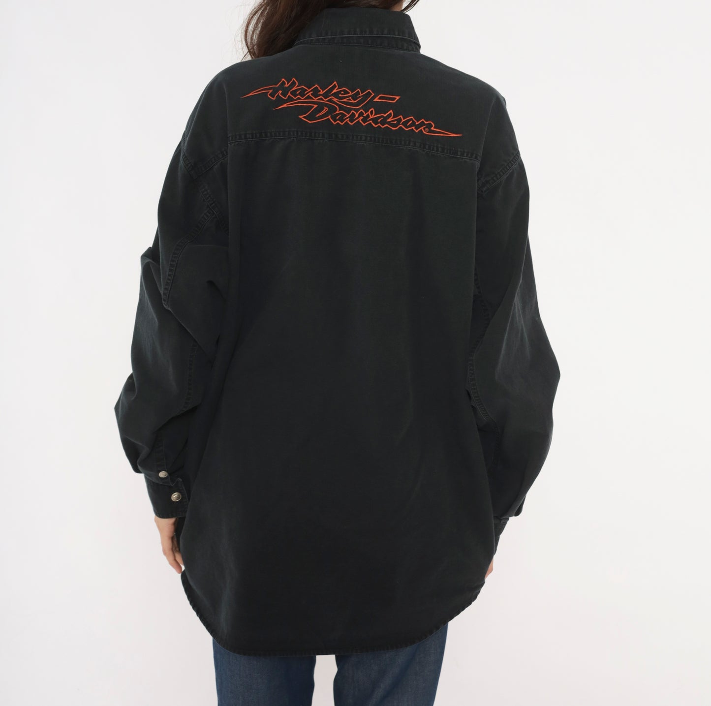 Harley Davidson Snap Button Shirt Black Cotton Work Top Motorcycle Logo Biker Collar Pocket Tall Vintage 90s Grunge Riding Extra Large XL