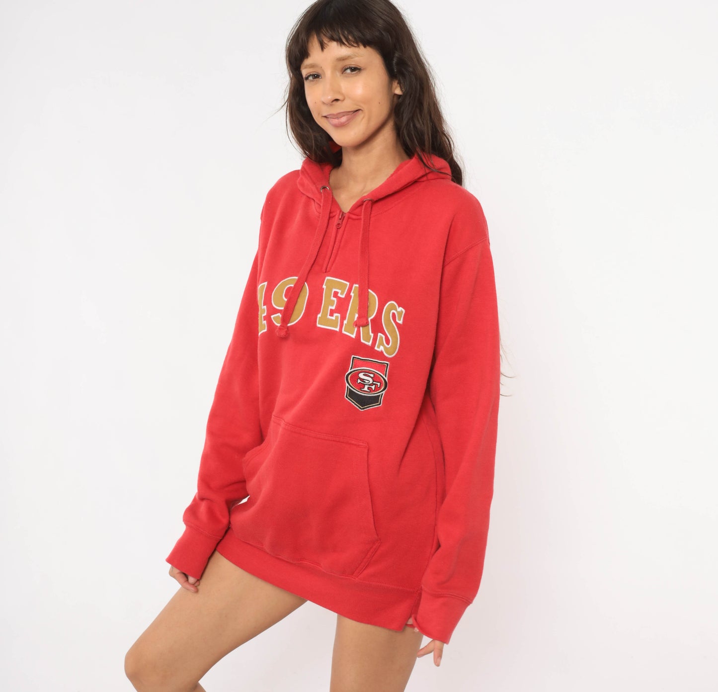 Y2K San Francisco 49ers Hoodie Red Gold Half Zip NFL Football Sweatshirt Pullover Streetwear Sporty Cotton Embroidered Logo Vintage Small S