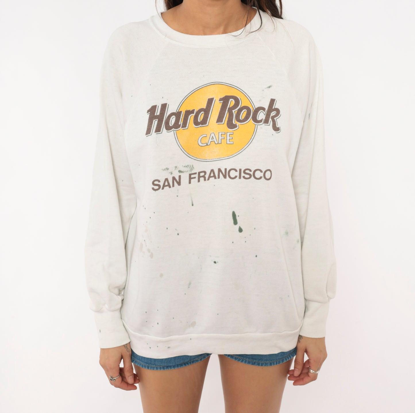 Hard Rock Cafe Sweatshirt 90s San Francisco White Cotton Pullover Crewneck Distressed Graphic Tourist Souvenir Vintage Sweater Medium M
