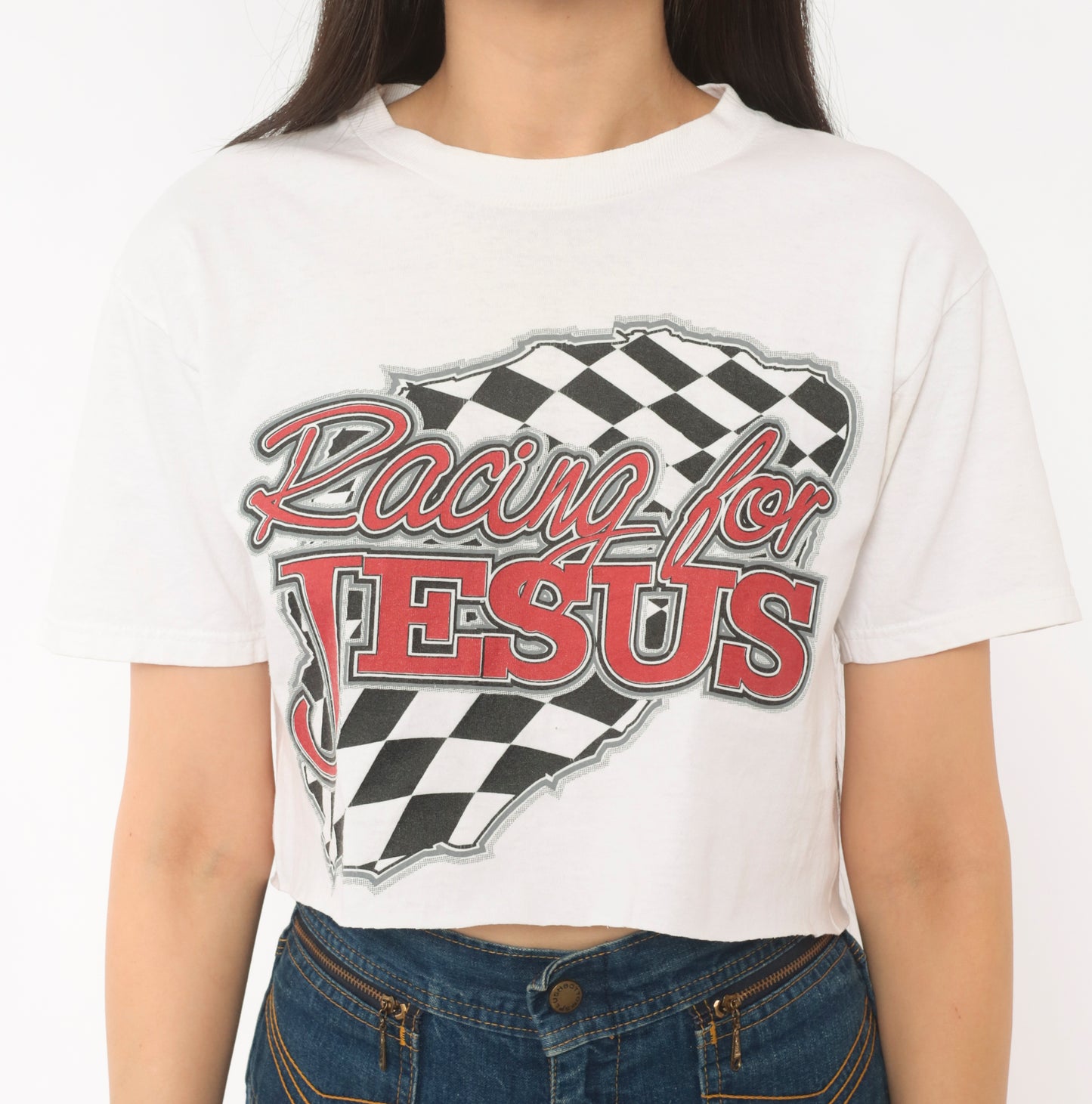 Racing For Jesus Crop Top White Checkered Flag Graphic Tee 2000s Motorsport Print Cotton Cropped Shirt Number Seven Novelty Small S