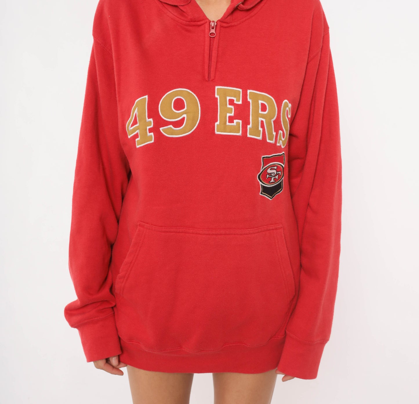 Y2K San Francisco 49ers Hoodie Red Gold Half Zip NFL Football Sweatshirt Pullover Streetwear Sporty Cotton Embroidered Logo Vintage Small S