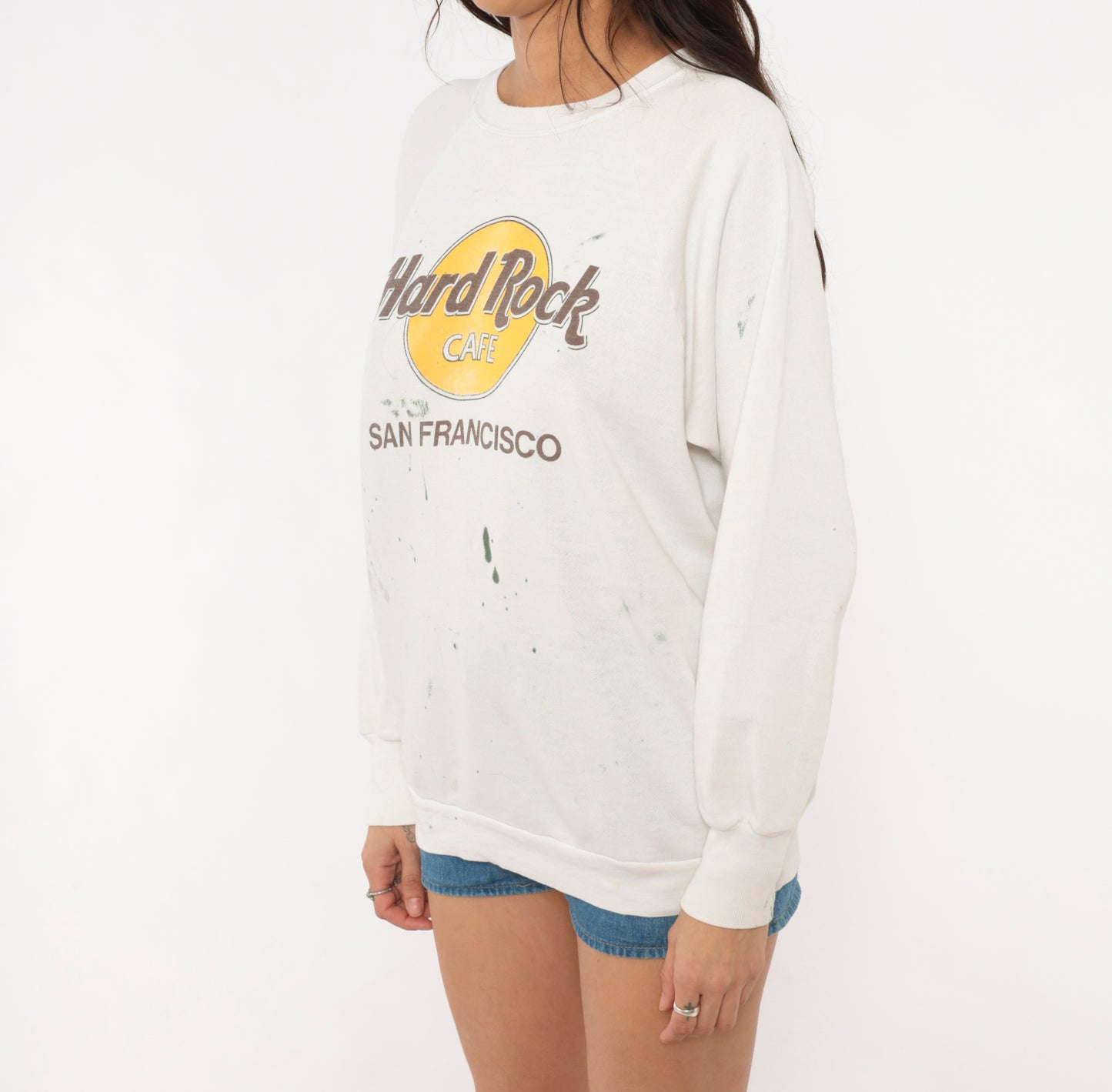Hard Rock Cafe Sweatshirt 90s San Francisco White Cotton Pullover Crewneck Distressed Graphic Tourist Souvenir Vintage Sweater Medium M