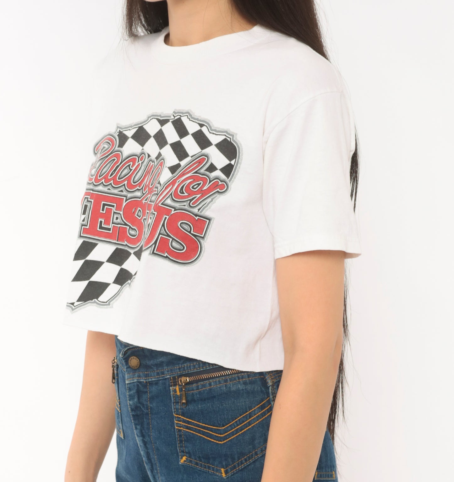 Racing For Jesus Crop Top White Checkered Flag Graphic Tee 2000s Motorsport Print Cotton Cropped Shirt Number Seven Novelty Small S