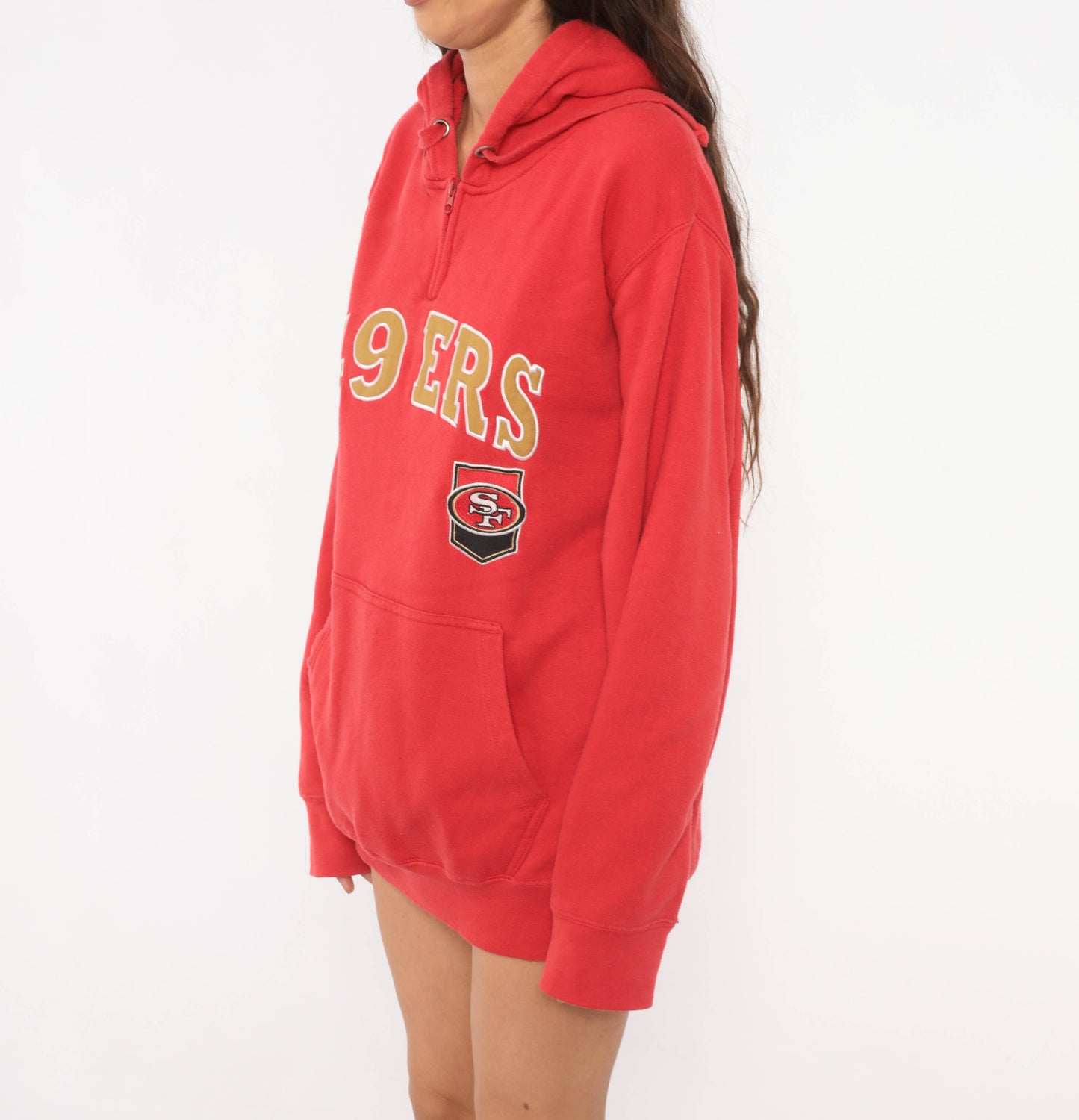 Y2K San Francisco 49ers Hoodie Red Gold Half Zip NFL Football Sweatshirt Pullover Streetwear Sporty Cotton Embroidered Logo Vintage Small S