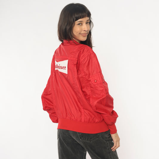 Budweiser Bomber Jacket 80s Red Coral Windbreaker Zip Front Beer Branded Sporty Vintage Ribbed Cuffs Sportswear Track Jacket Unisex Medium M
