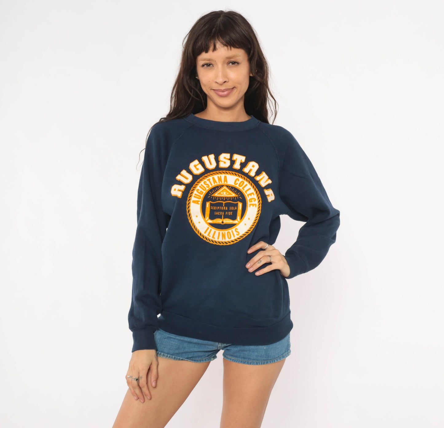 Augustana College Sweatshirt 80s Navy Blue Raglan Sleeve Collegiate University Illinois Crest Seal Pullover Cotton Yellow Vintage Medium M