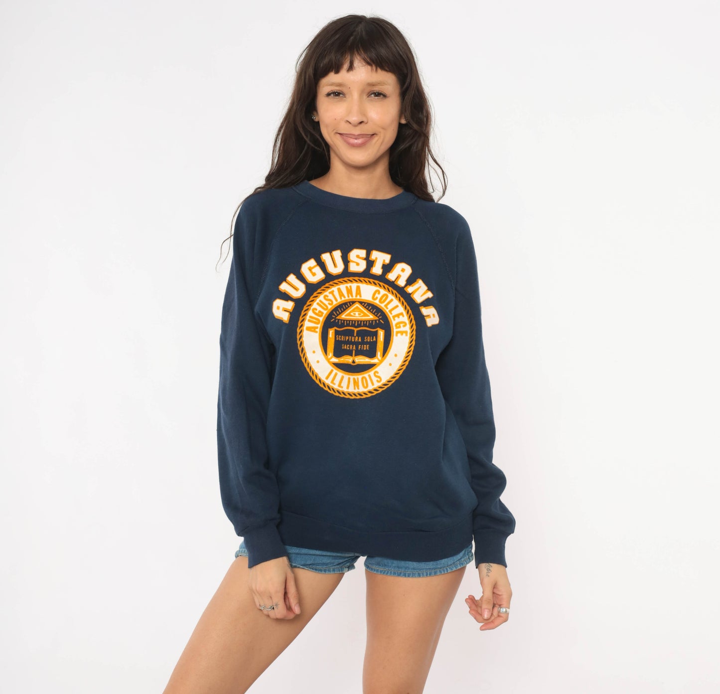 Augustana College Sweatshirt 80s Navy Blue Raglan Sleeve Collegiate University Illinois Crest Seal Pullover Cotton Yellow Vintage Medium M