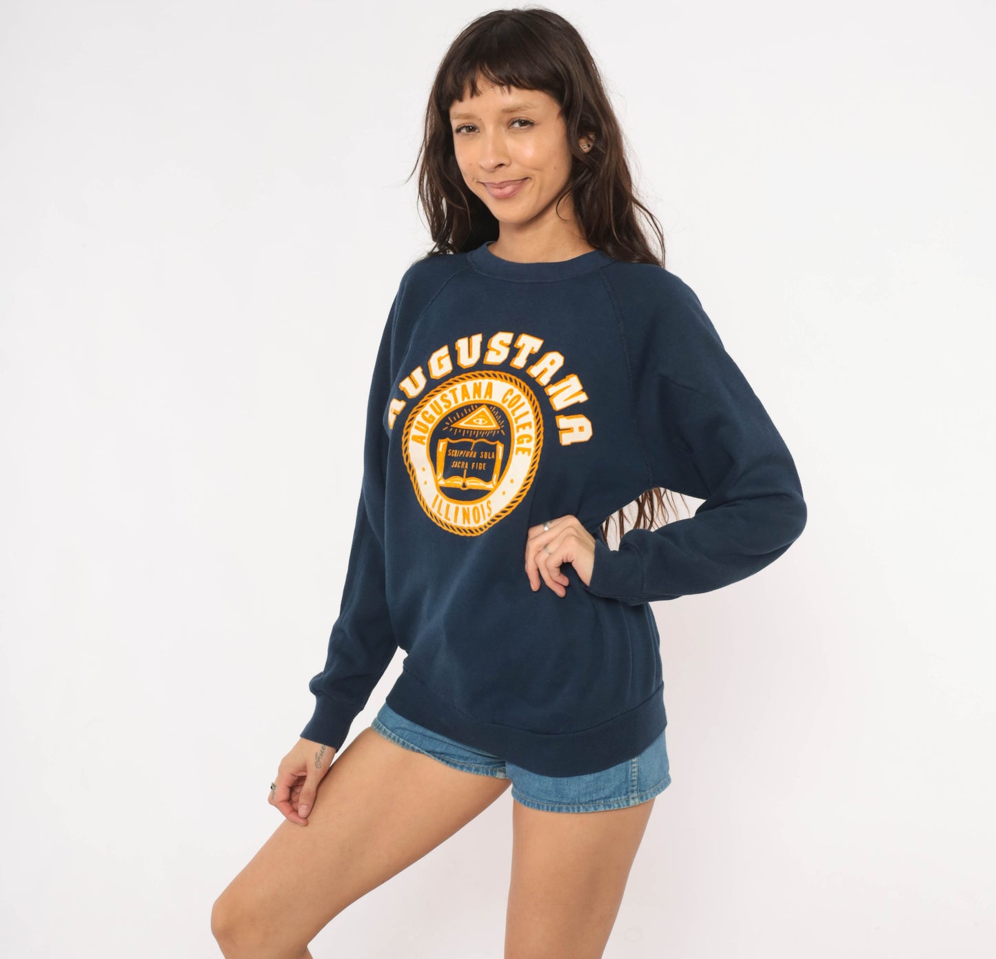 Augustana College Sweatshirt 80s Navy Blue Raglan Sleeve Collegiate University Illinois Crest Seal Pullover Cotton Yellow Vintage Medium M