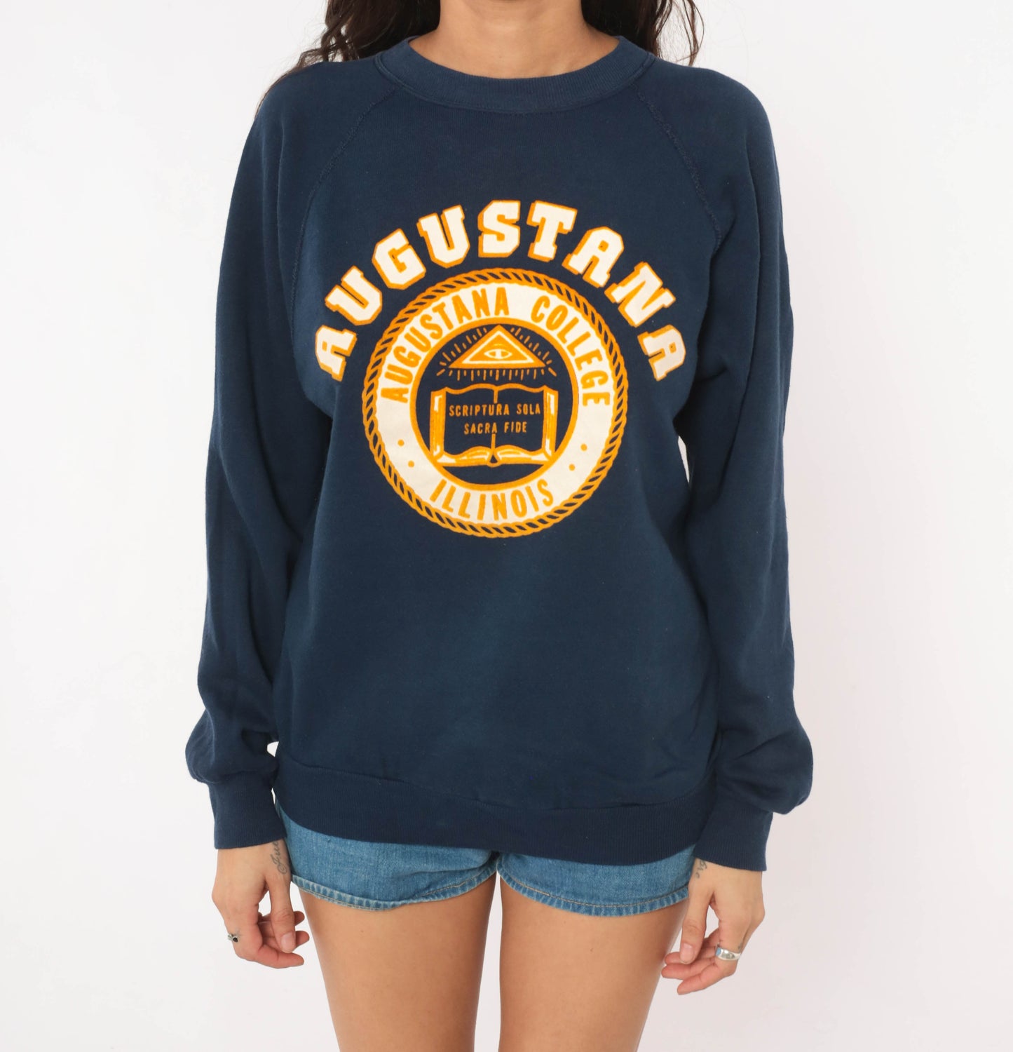 Augustana College Sweatshirt 80s Navy Blue Raglan Sleeve Collegiate University Illinois Crest Seal Pullover Cotton Yellow Vintage Medium M