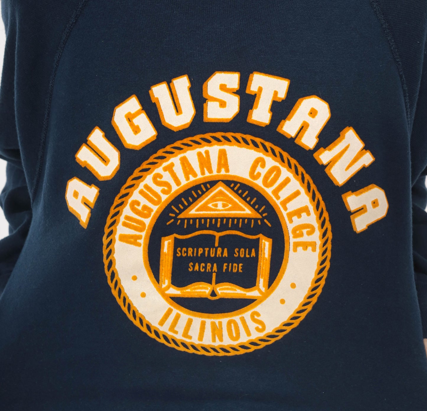 Augustana College Sweatshirt 80s Navy Blue Raglan Sleeve Collegiate University Illinois Crest Seal Pullover Cotton Yellow Vintage Medium M