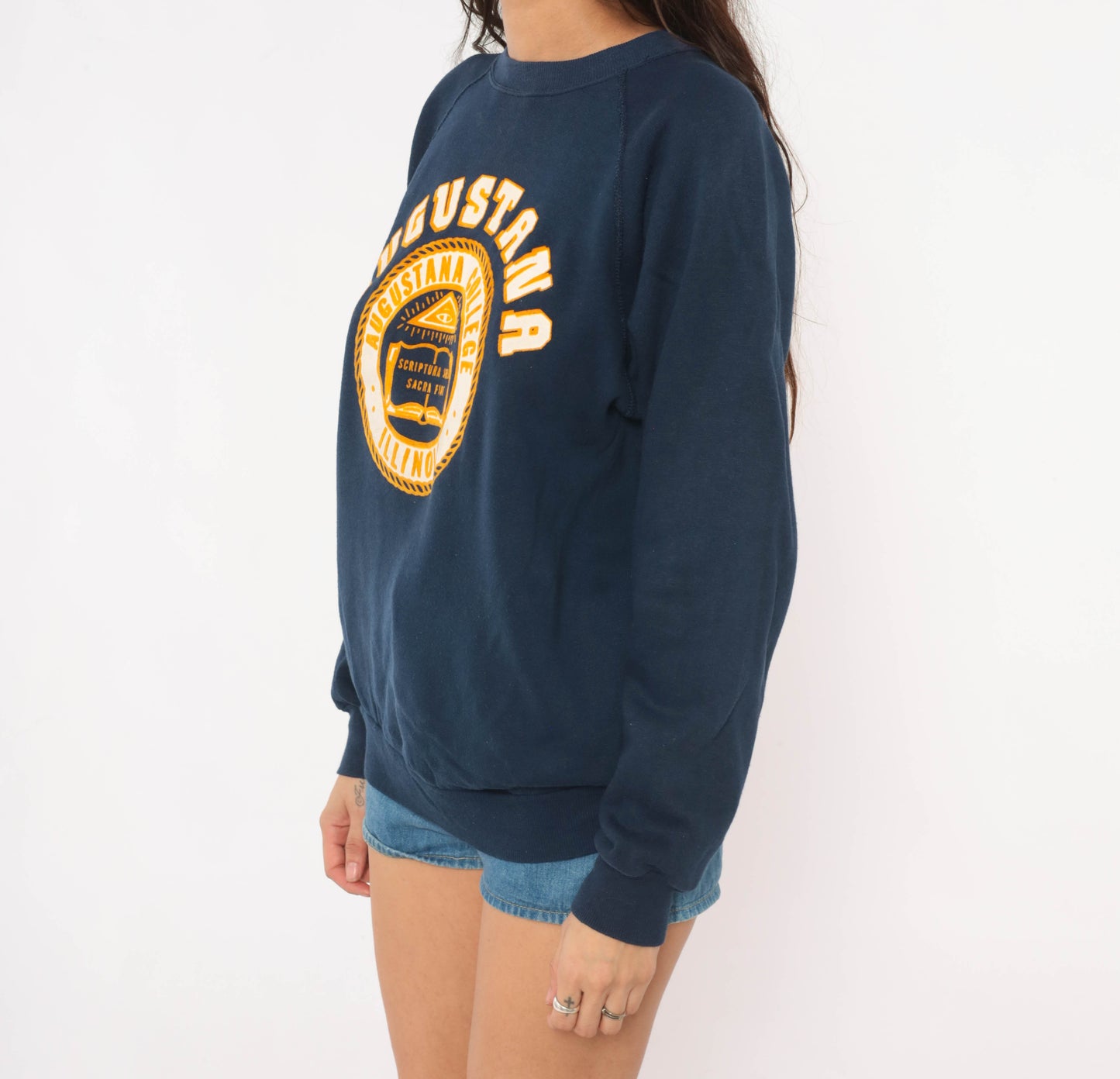 Augustana College Sweatshirt 80s Navy Blue Raglan Sleeve Collegiate University Illinois Crest Seal Pullover Cotton Yellow Vintage Medium M