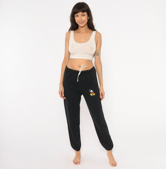 Mickey Mouse Sweatpants 90s Black Joggers Disney Drawstring Elastic Waist Vintage Cartoon Graphic Lounge Track Pants Tapered Leg Medium M