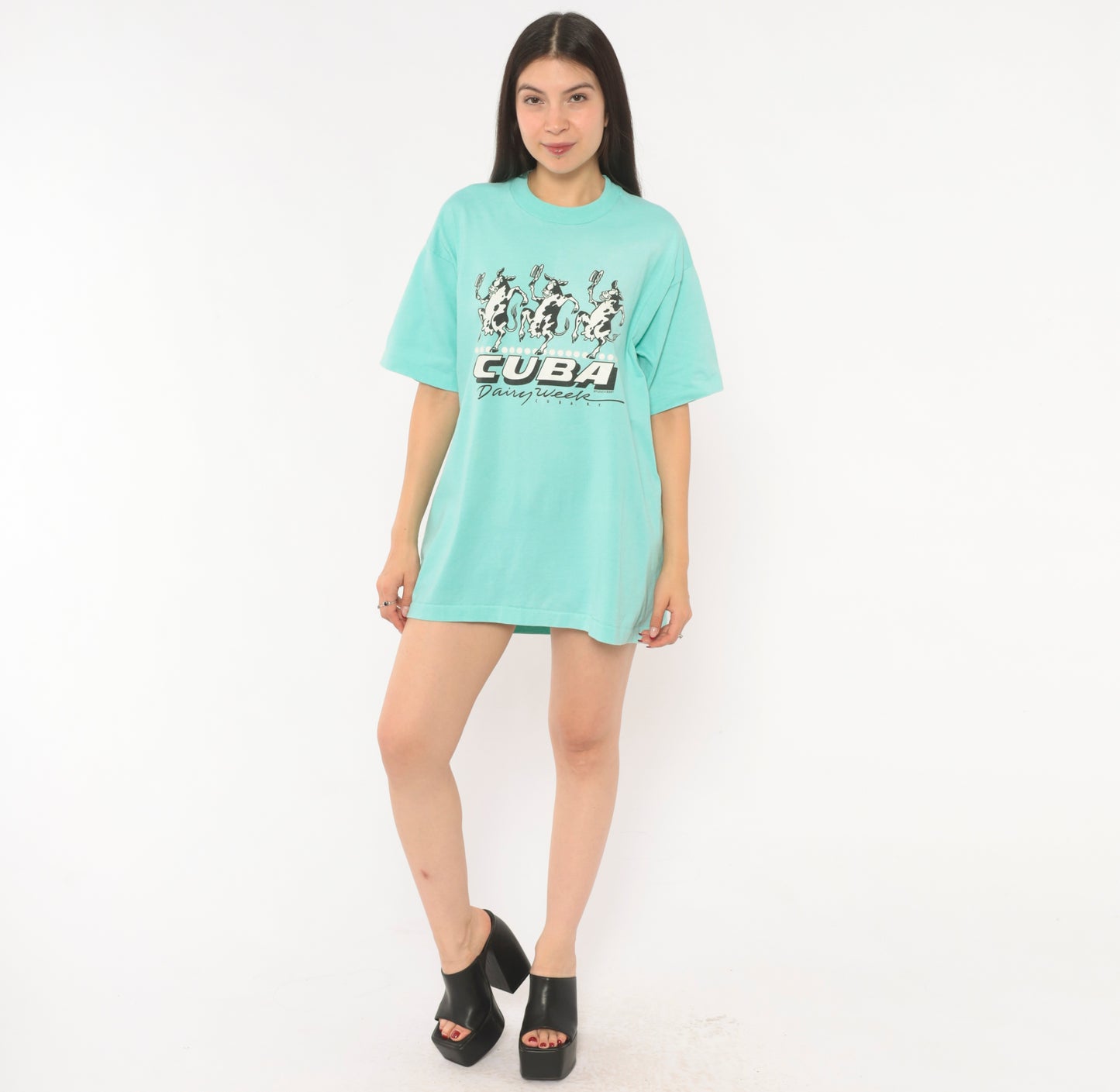 90s Dancing Cows Graphic Tee Cuba Dairy Week New York Green Animal Cartoon Shirt Screen Stars Aqua Turquoise Boxy Vintage Extra Large XL
