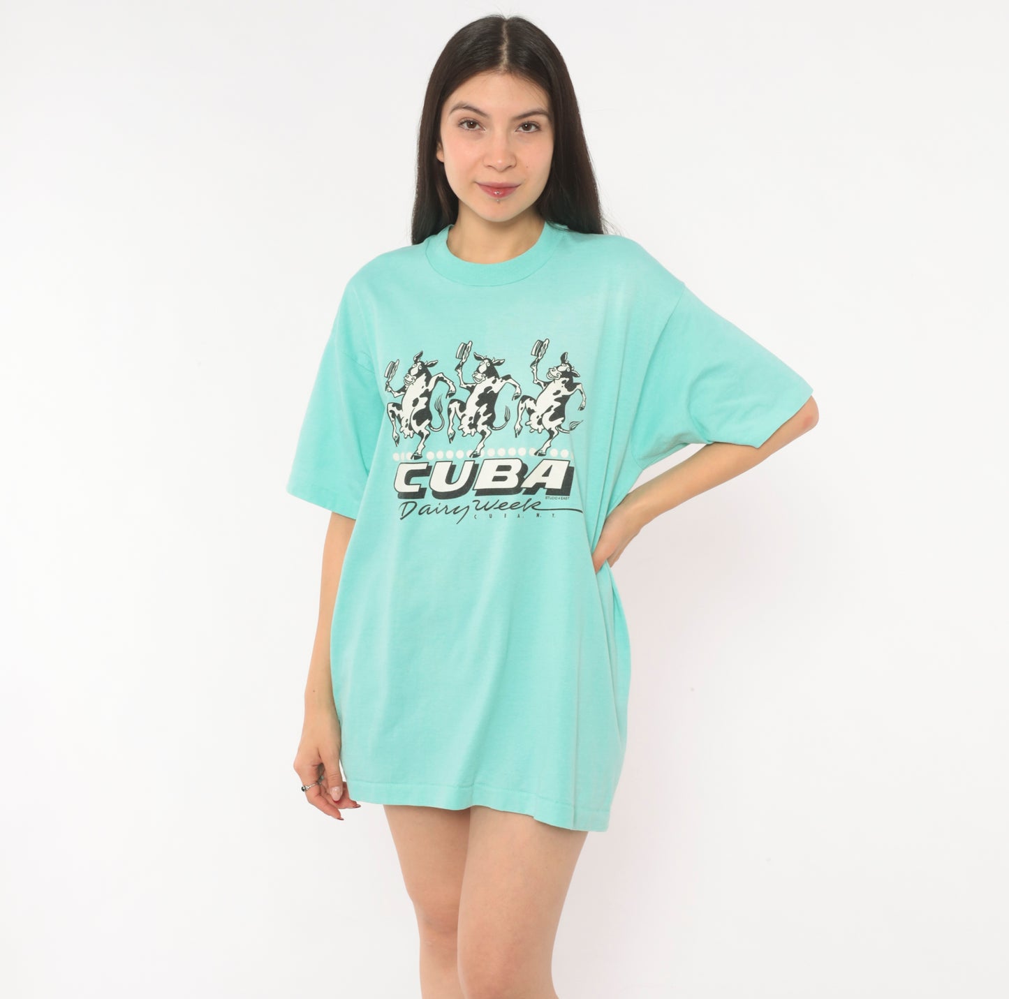90s Dancing Cows Graphic Tee Cuba Dairy Week New York Green Animal Cartoon Shirt Screen Stars Aqua Turquoise Boxy Vintage Extra Large XL