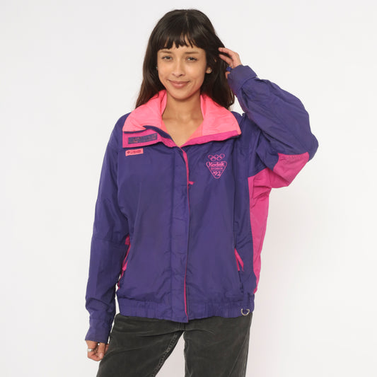 Kodak Olympic 92 Windbreaker Columbia Purple Pink Neon Colorblock Sponsor Zip Front Shell Jacket 90s Sportswear Streetwear Vintage Large L