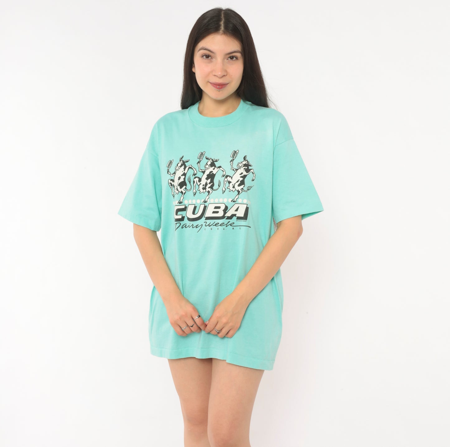 90s Dancing Cows Graphic Tee Cuba Dairy Week New York Green Animal Cartoon Shirt Screen Stars Aqua Turquoise Boxy Vintage Extra Large XL