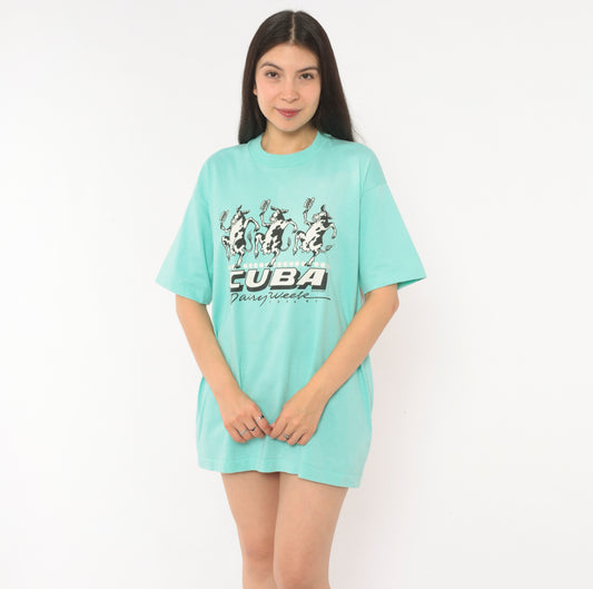 90s Dancing Cows Graphic Tee Cuba Dairy Week New York Green Animal Cartoon Shirt Screen Stars Aqua Turquoise Boxy Vintage Extra Large XL