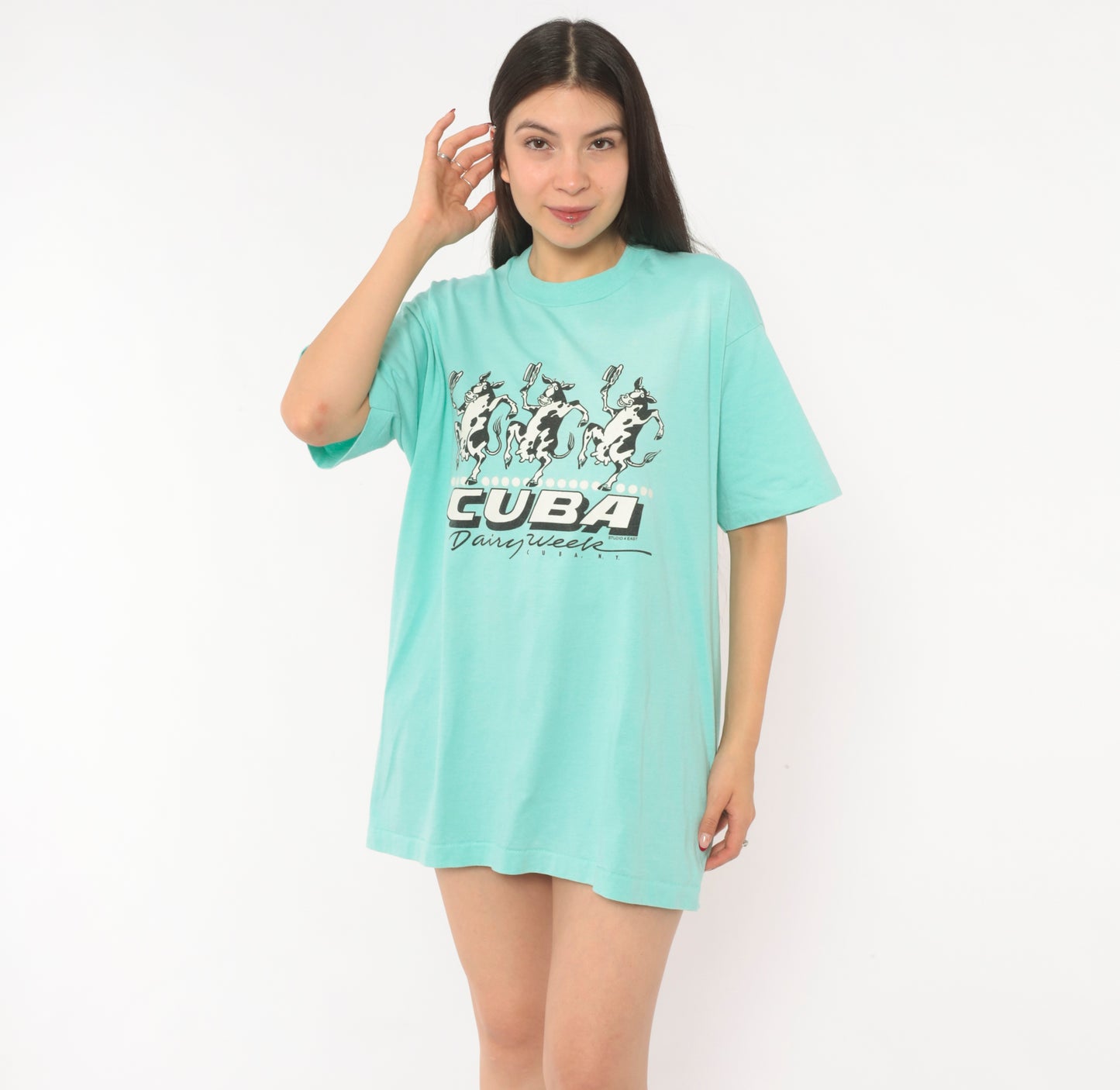 90s Dancing Cows Graphic Tee Cuba Dairy Week New York Green Animal Cartoon Shirt Screen Stars Aqua Turquoise Boxy Vintage Extra Large XL