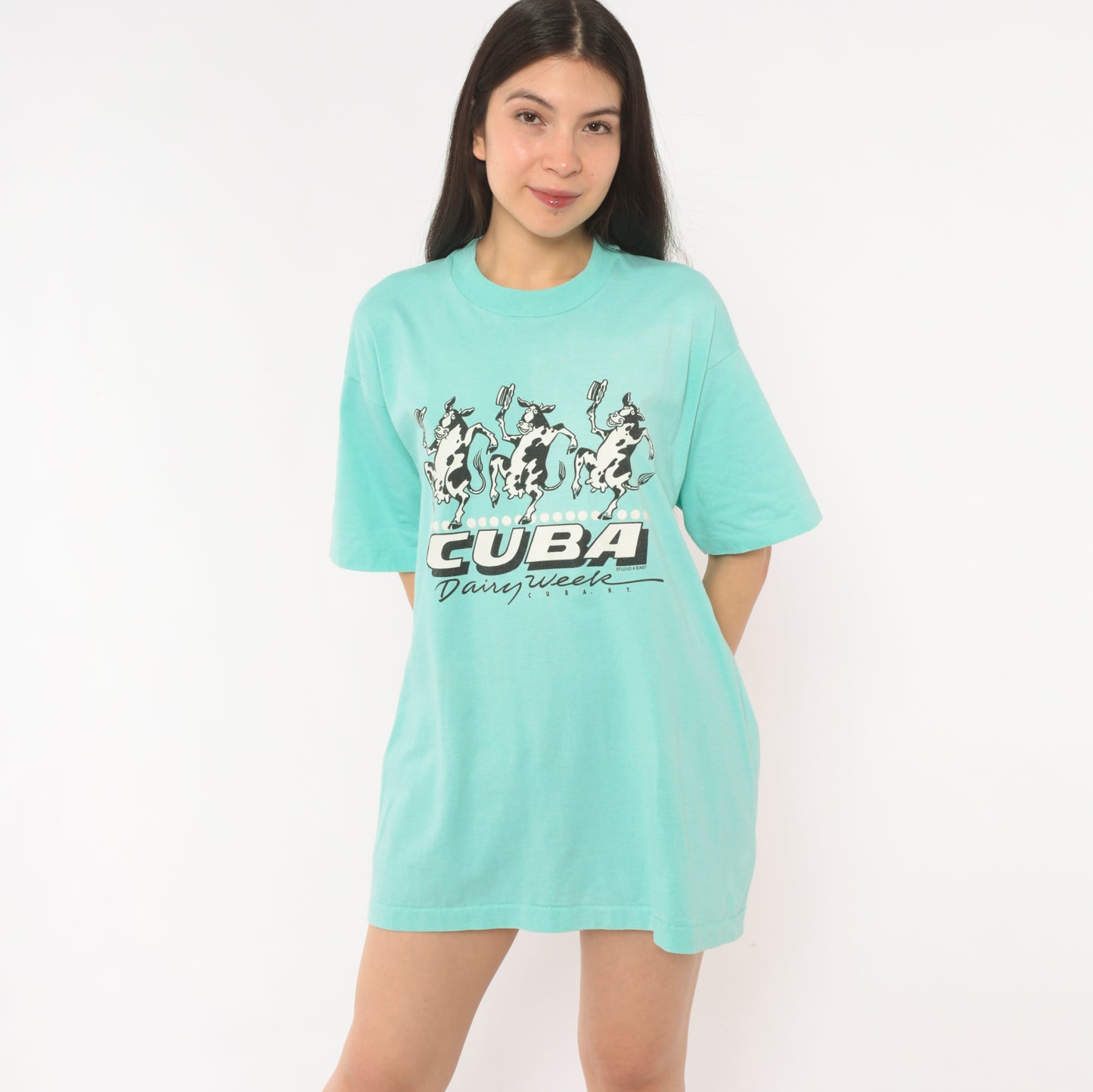 90s Dancing Cows Graphic Tee Cuba Dairy Week New York Green Animal Cartoon Shirt Screen Stars Aqua Turquoise Boxy Vintage Extra Large XL