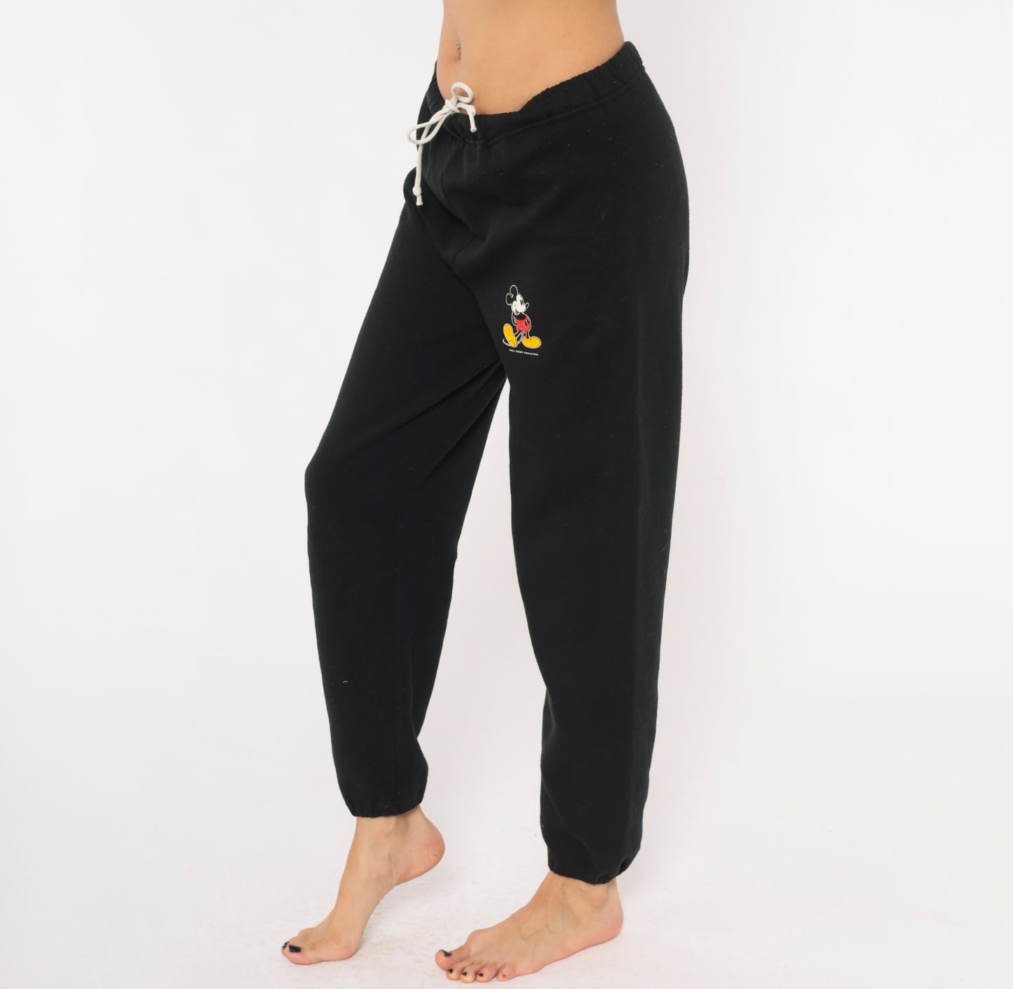 Mickey Mouse Sweatpants 90s Black Joggers Disney Drawstring Elastic Waist Vintage Cartoon Graphic Lounge Track Pants Tapered Leg Medium M