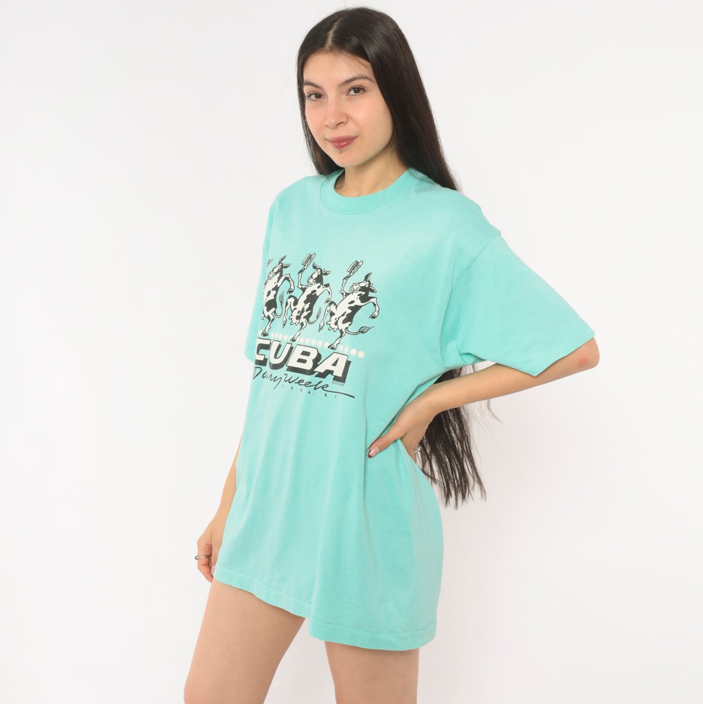 90s Dancing Cows Graphic Tee Cuba Dairy Week New York Green Animal Cartoon Shirt Screen Stars Aqua Turquoise Boxy Vintage Extra Large XL