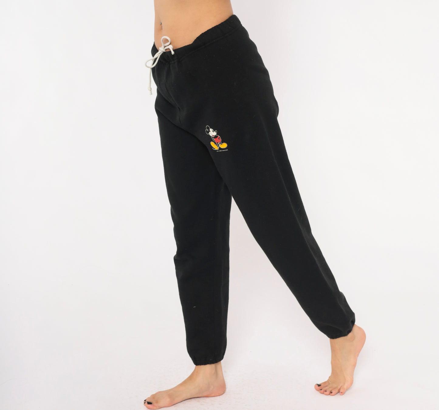 Mickey Mouse Sweatpants 90s Black Joggers Disney Drawstring Elastic Waist Vintage Cartoon Graphic Lounge Track Pants Tapered Leg Medium M