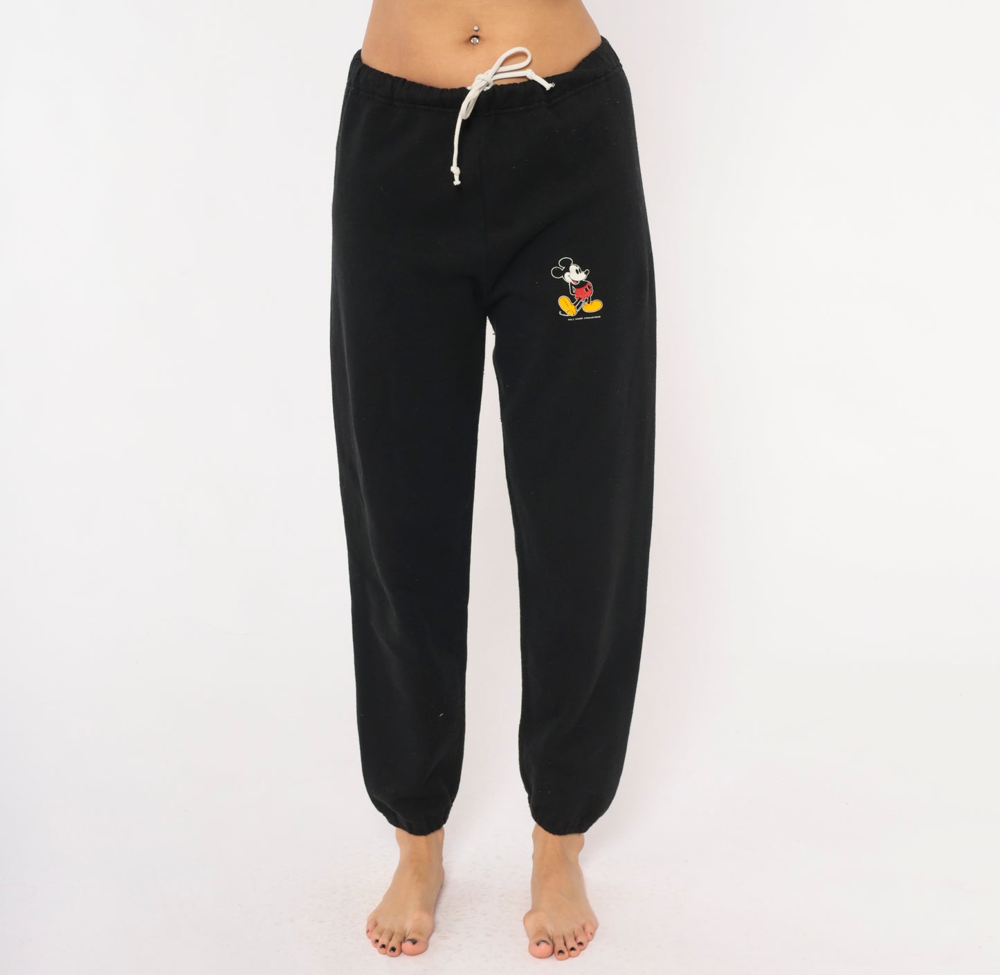 Mickey Mouse Sweatpants 90s Black Joggers Disney Drawstring Elastic Waist Vintage Cartoon Graphic Lounge Track Pants Tapered Leg Medium M