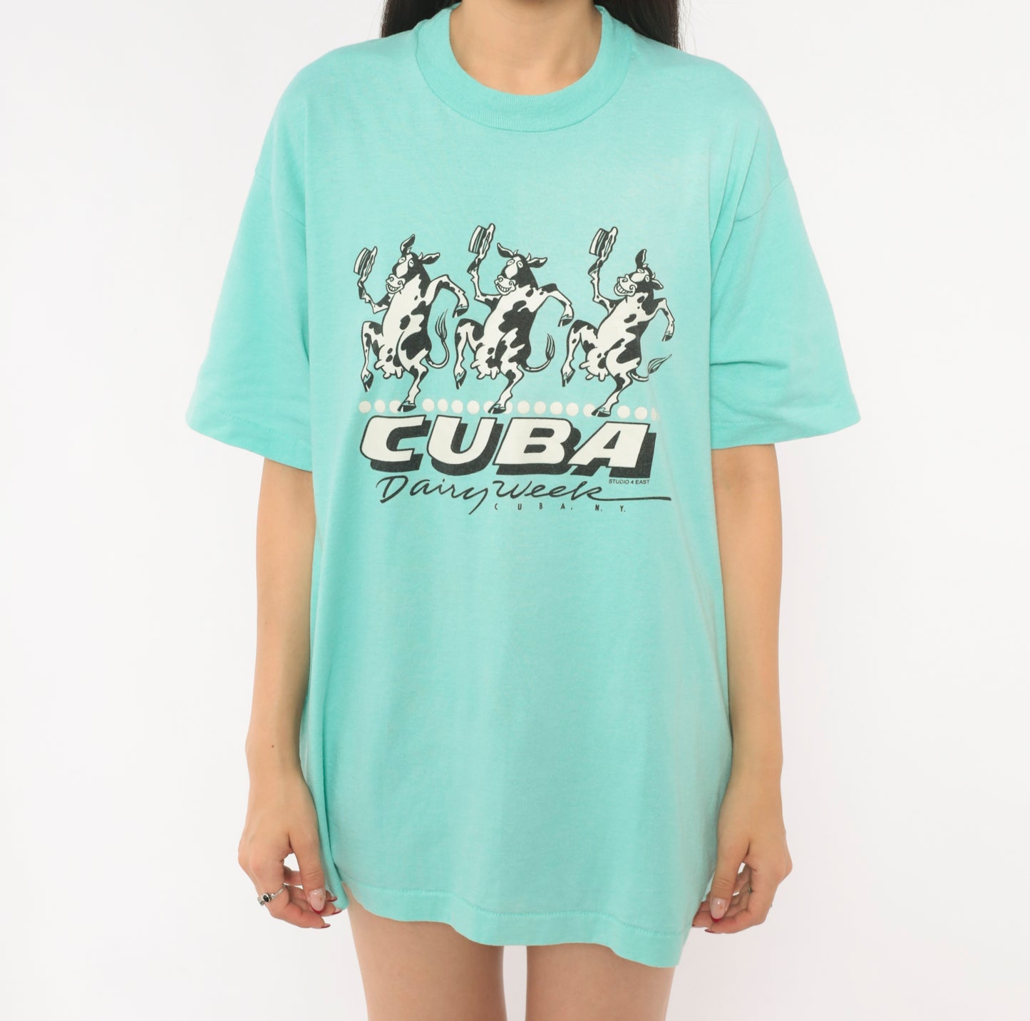 90s Dancing Cows Graphic Tee Cuba Dairy Week New York Green Animal Cartoon Shirt Screen Stars Aqua Turquoise Boxy Vintage Extra Large XL