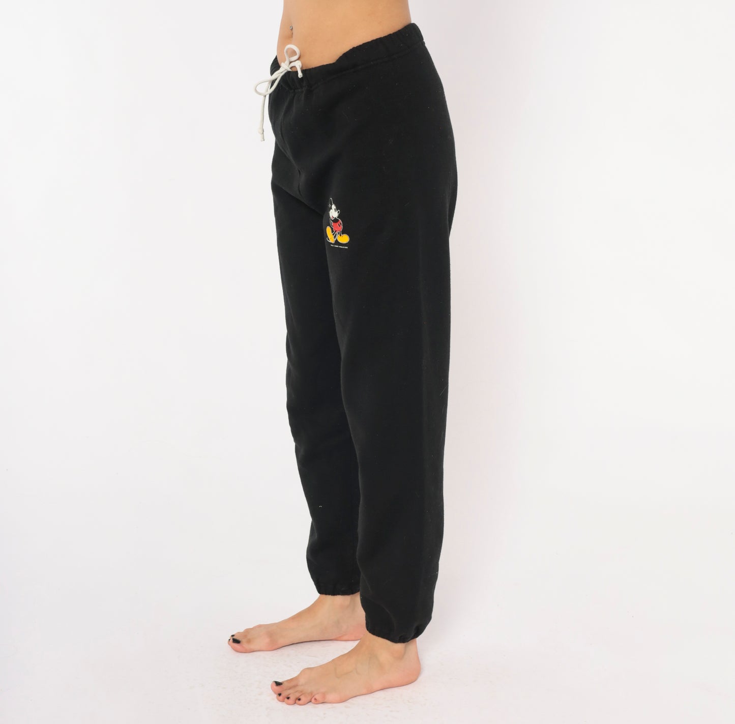 Mickey Mouse Sweatpants 90s Black Joggers Disney Drawstring Elastic Waist Vintage Cartoon Graphic Lounge Track Pants Tapered Leg Medium M