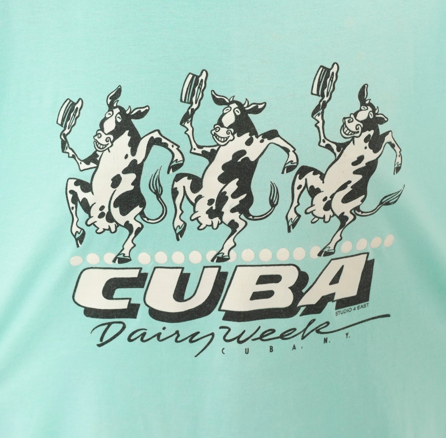 90s Dancing Cows Graphic Tee Cuba Dairy Week New York Green Animal Cartoon Shirt Screen Stars Aqua Turquoise Boxy Vintage Extra Large XL