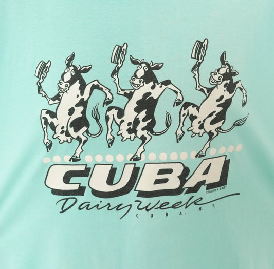 90s Dancing Cows Graphic Tee Cuba Dairy Week New York Green Animal Cartoon Shirt Screen Stars Aqua Turquoise Boxy Vintage Extra Large XL