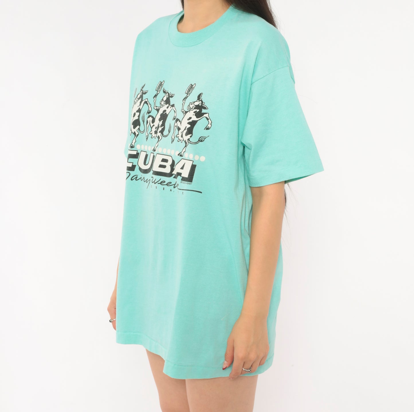 90s Dancing Cows Graphic Tee Cuba Dairy Week New York Green Animal Cartoon Shirt Screen Stars Aqua Turquoise Boxy Vintage Extra Large XL