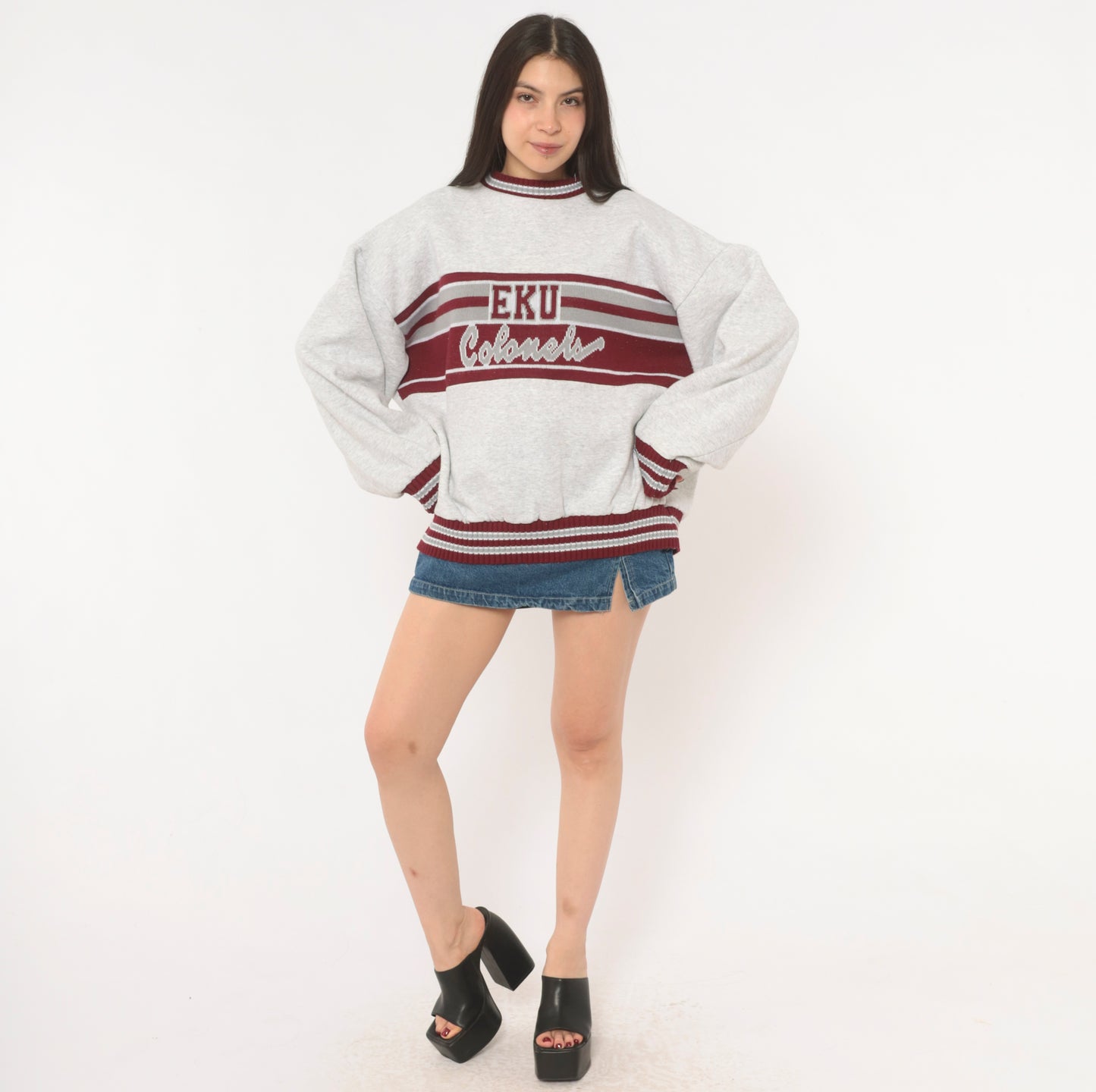 90s EKU Colonels Sweatshirt Grey Maroon Striped Knit Band Varsity Collegiate Cotton University Kentucky Ash Heather Sporty Extra Large XL