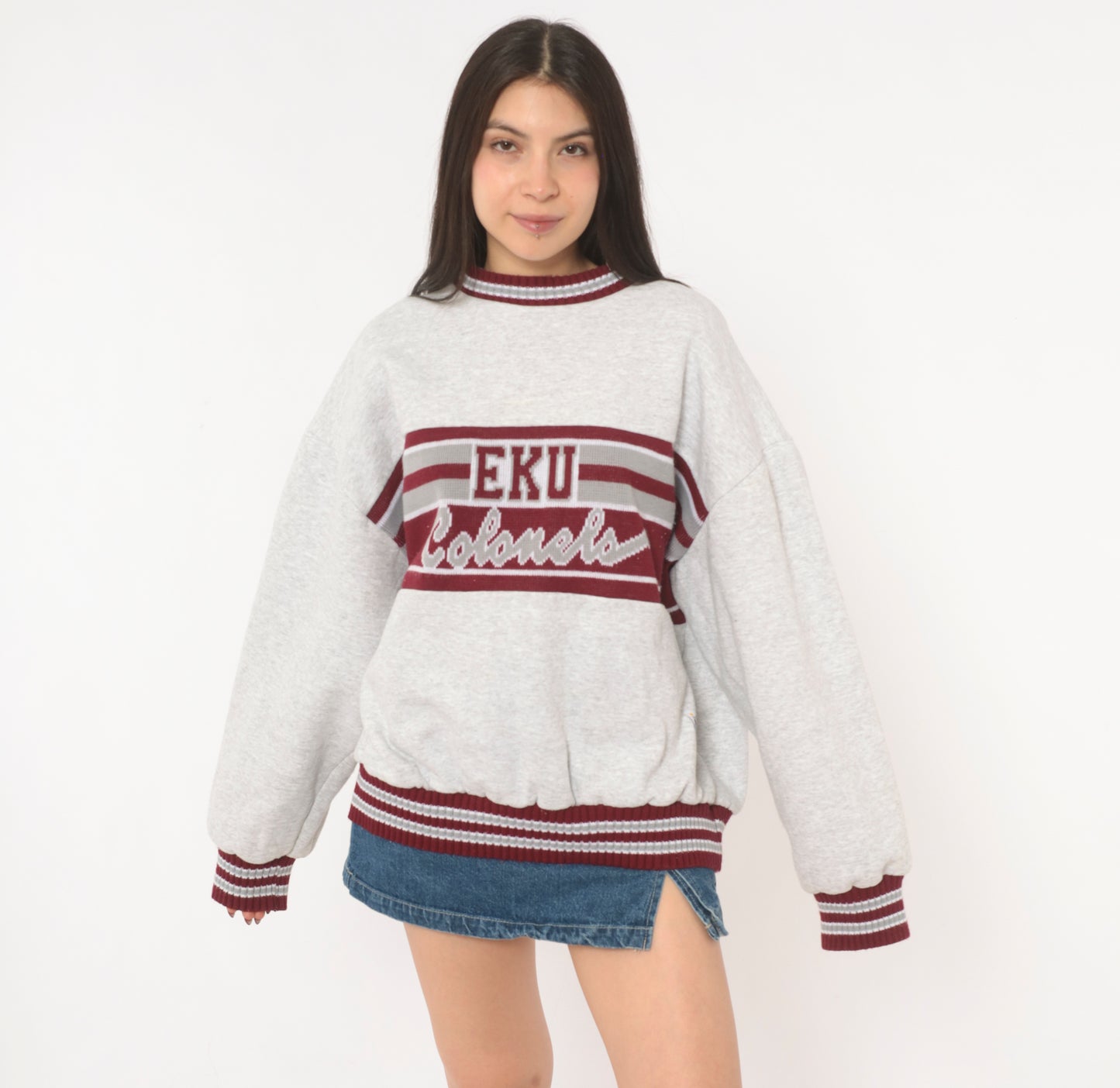 90s EKU Colonels Sweatshirt Grey Maroon Striped Knit Band Varsity Collegiate Cotton University Kentucky Ash Heather Sporty Extra Large XL