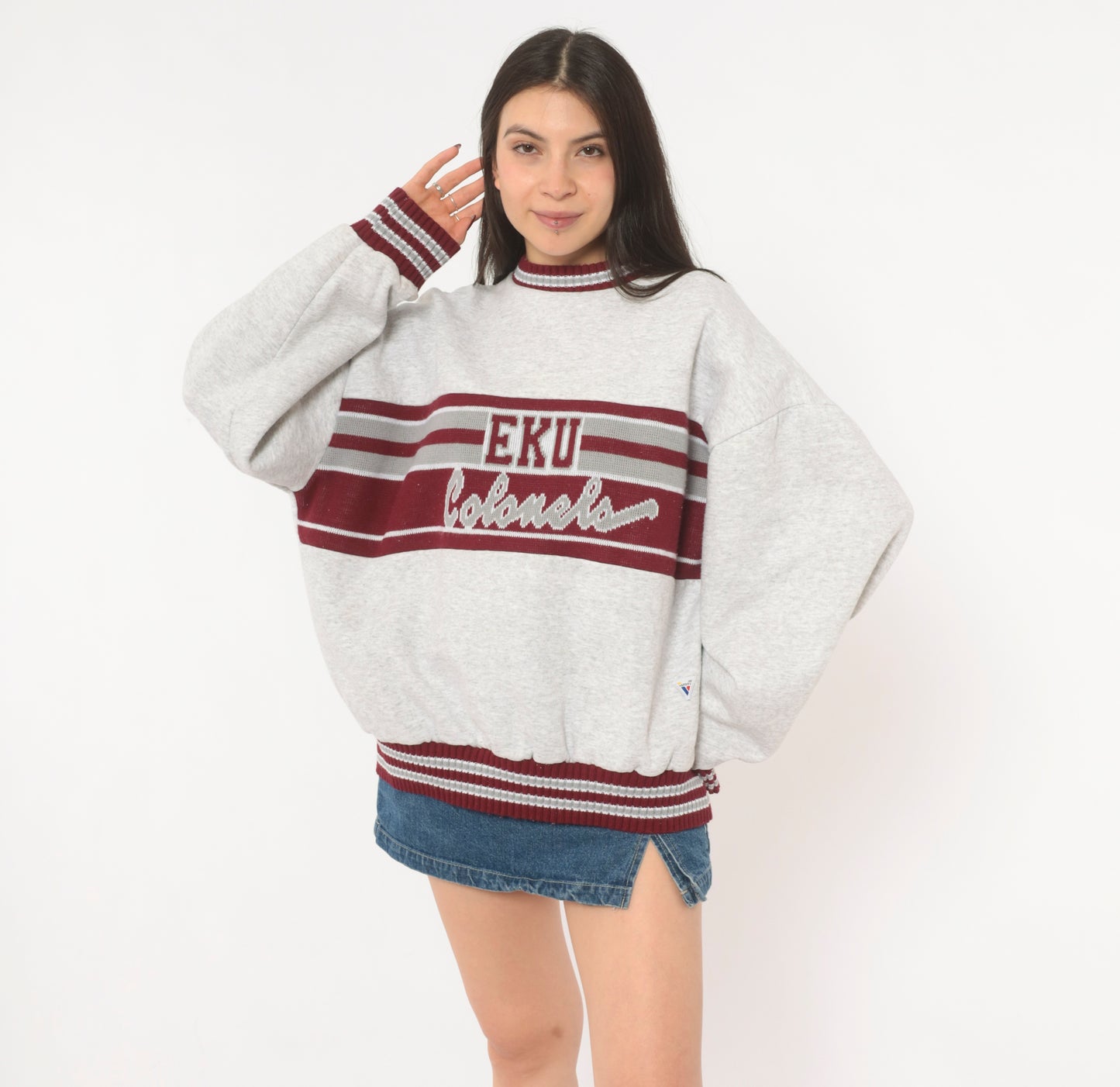 90s EKU Colonels Sweatshirt Grey Maroon Striped Knit Band Varsity Collegiate Cotton University Kentucky Ash Heather Sporty Extra Large XL