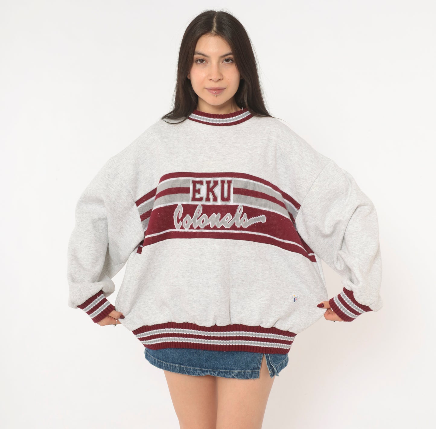 90s EKU Colonels Sweatshirt Grey Maroon Striped Knit Band Varsity Collegiate Cotton University Kentucky Ash Heather Sporty Extra Large XL