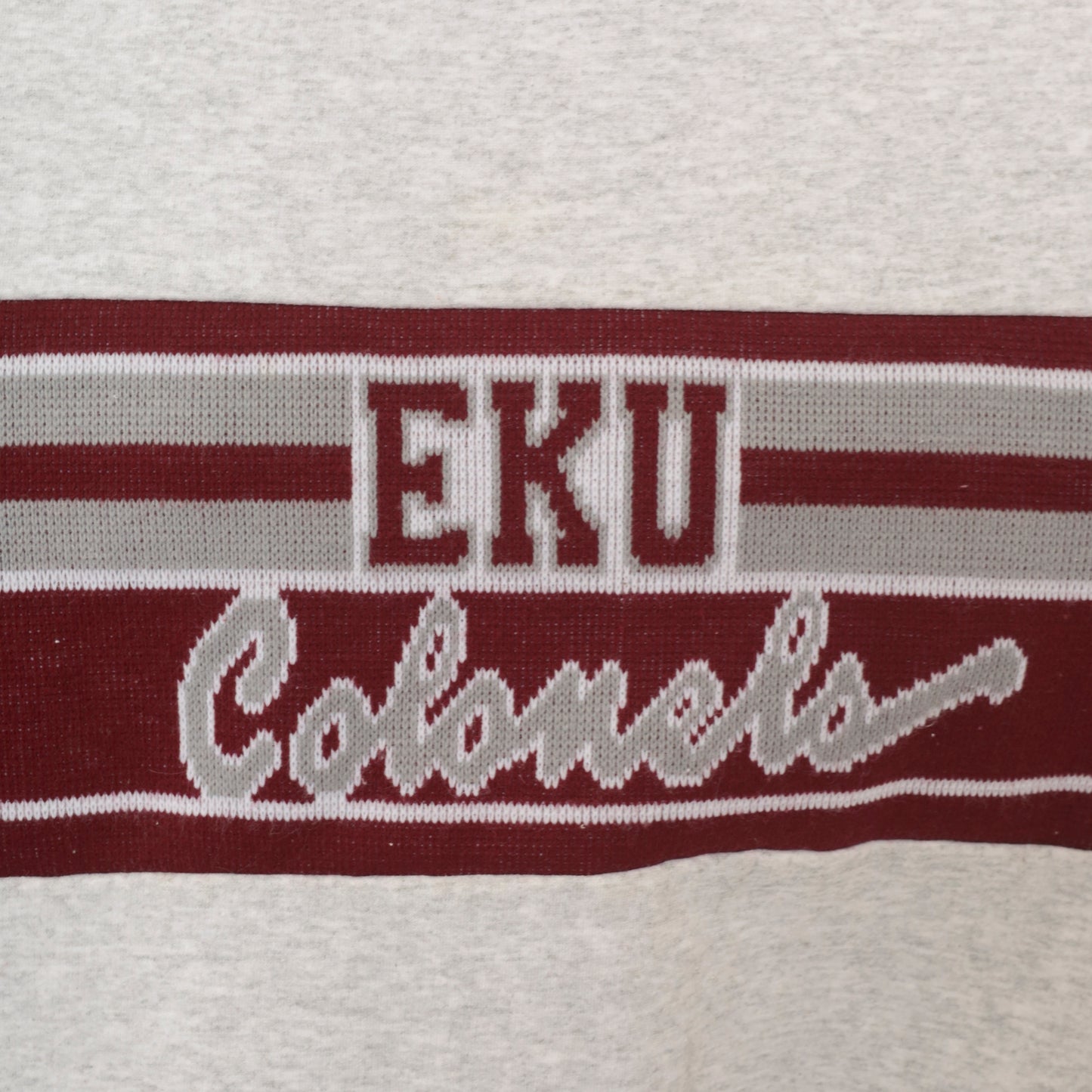 90s EKU Colonels Sweatshirt Grey Maroon Striped Knit Band Varsity Collegiate Cotton University Kentucky Ash Heather Sporty Extra Large XL