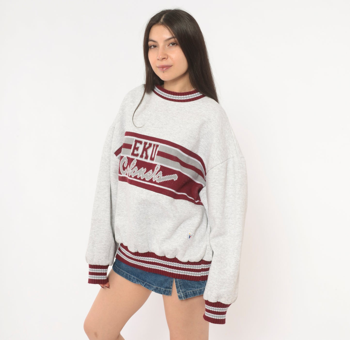 90s EKU Colonels Sweatshirt Grey Maroon Striped Knit Band Varsity Collegiate Cotton University Kentucky Ash Heather Sporty Extra Large XL