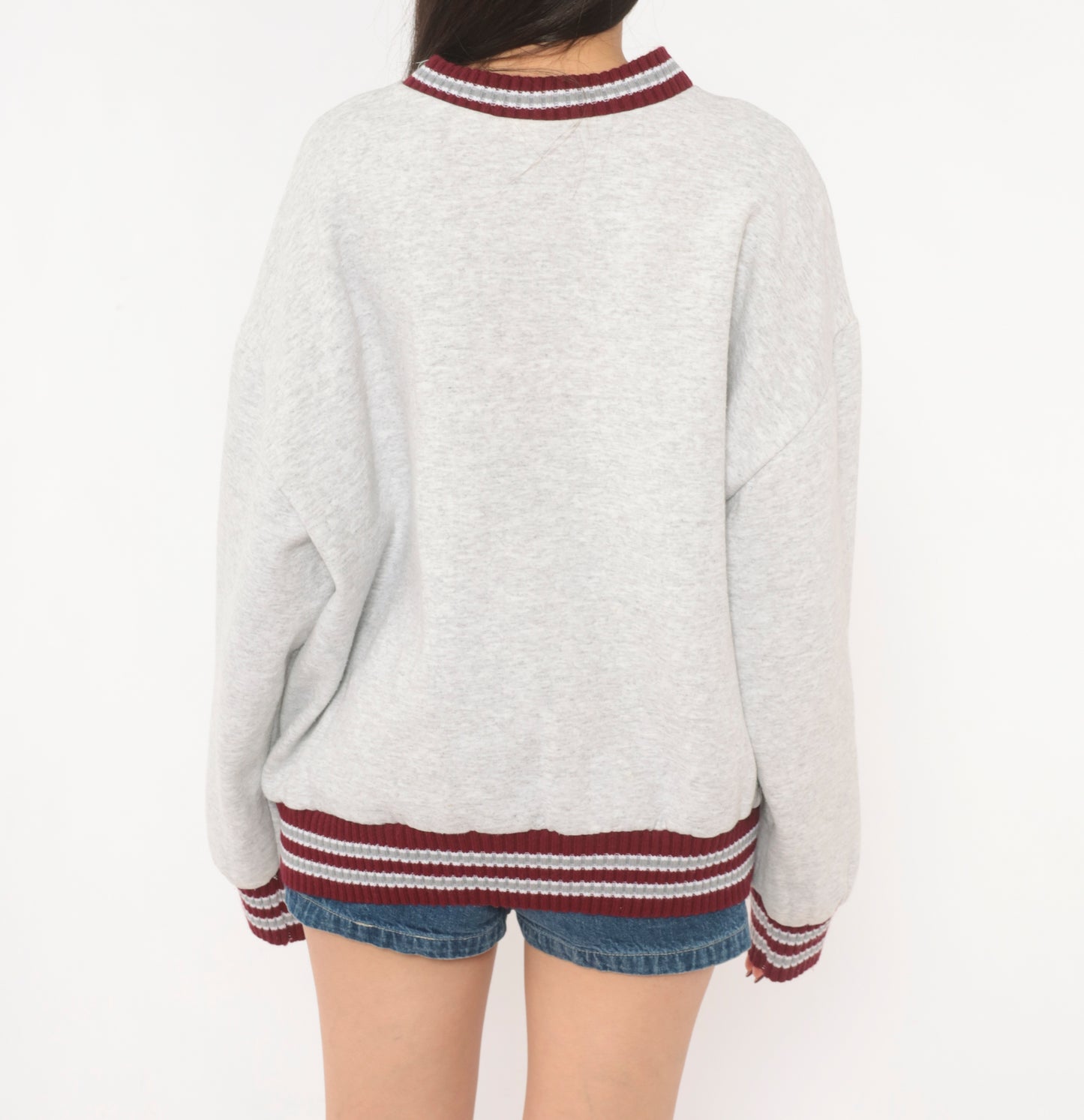 90s EKU Colonels Sweatshirt Grey Maroon Striped Knit Band Varsity Collegiate Cotton University Kentucky Ash Heather Sporty Extra Large XL