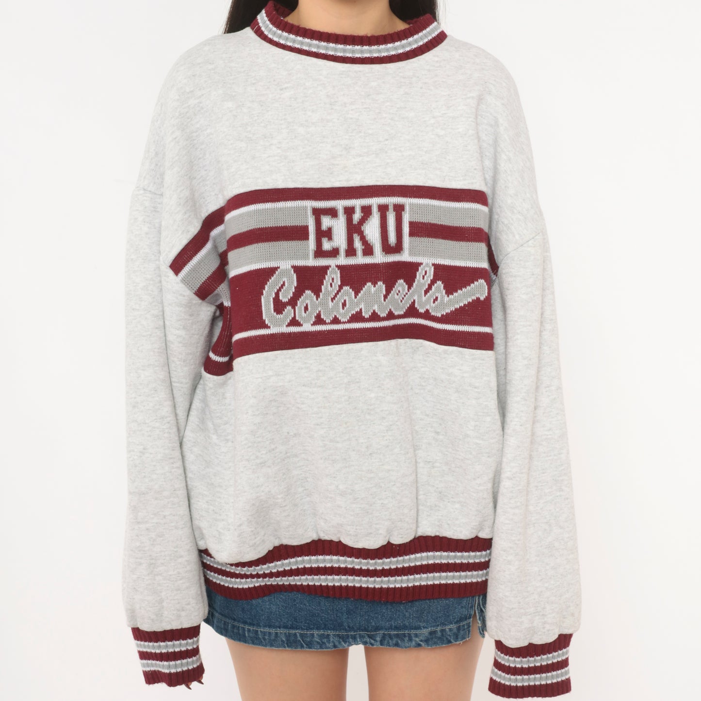90s EKU Colonels Sweatshirt Grey Maroon Striped Knit Band Varsity Collegiate Cotton University Kentucky Ash Heather Sporty Extra Large XL
