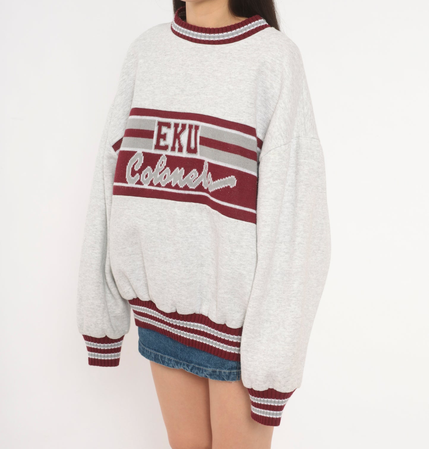 90s EKU Colonels Sweatshirt Grey Maroon Striped Knit Band Varsity Collegiate Cotton University Kentucky Ash Heather Sporty Extra Large XL